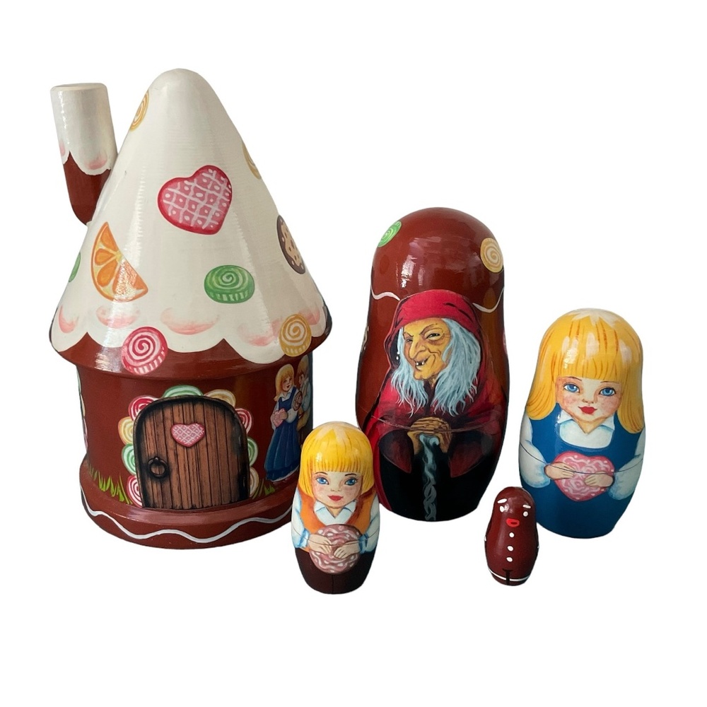 5-pc Russian Nesting Gingerbread House & Hansel Gretel Figures Dolls Matryoshka